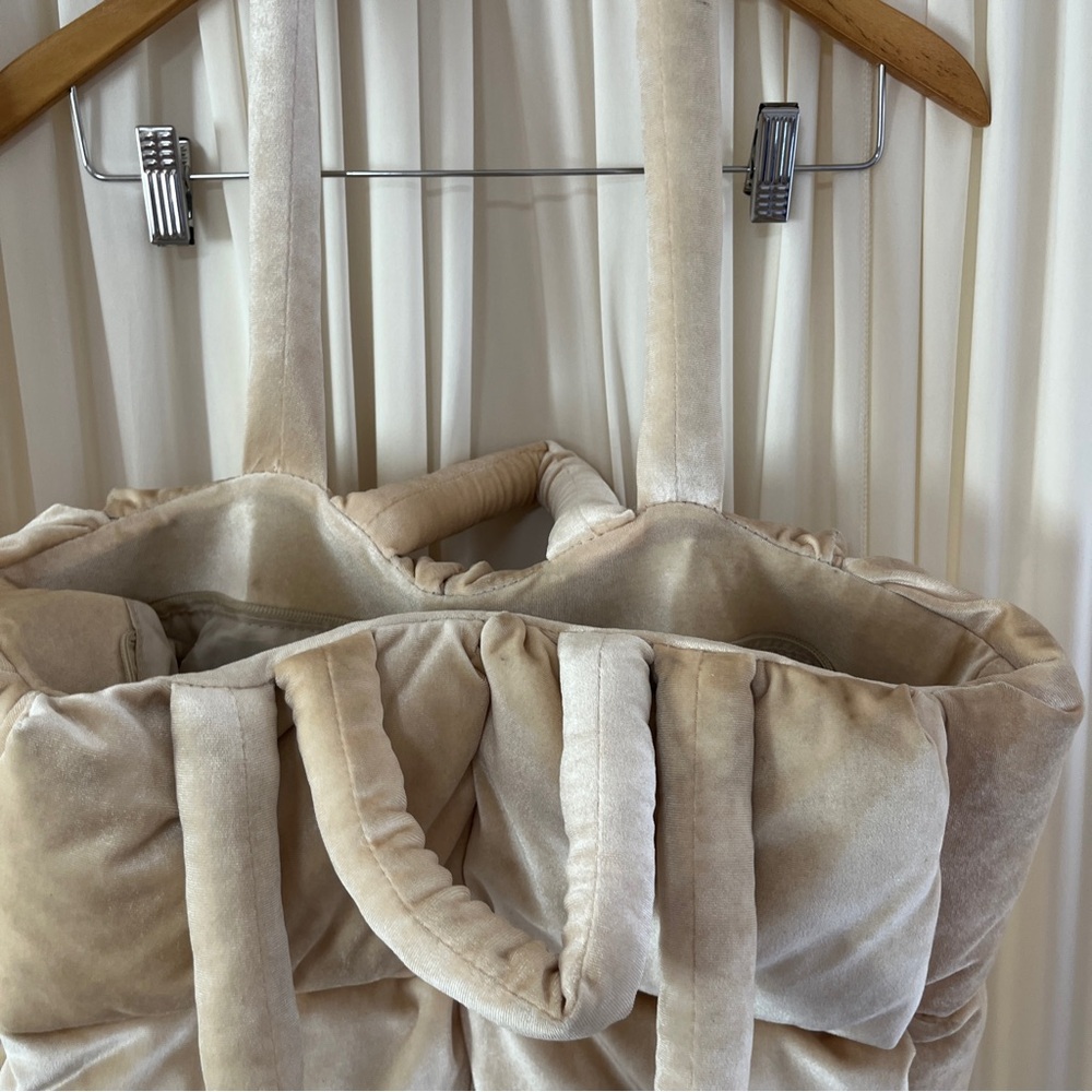 Anthropologie Velvet Puffer Tote Shoulder Bag Cream Tan Quilted Medium Size - Picture 4 of 8